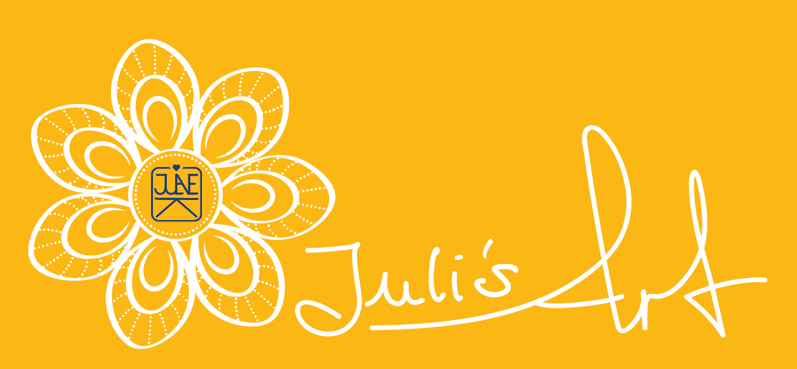 Julis Art Logo lettering with geometry flower. withe on yellow background. selfmade.